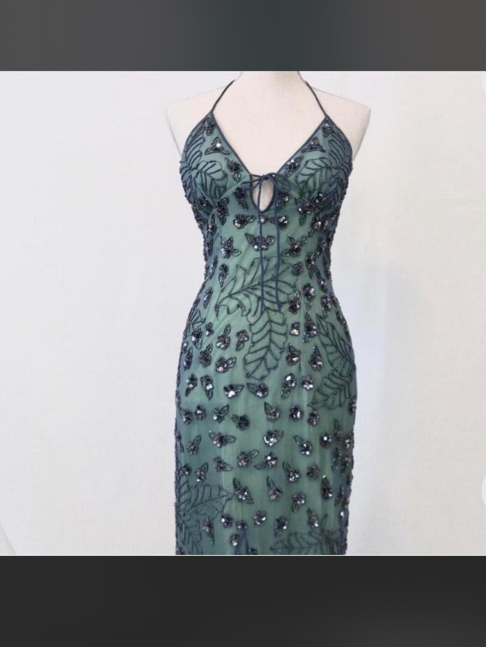Vintage Sean Collection Beaded Mesh Halter Maxi Dress Green Medium